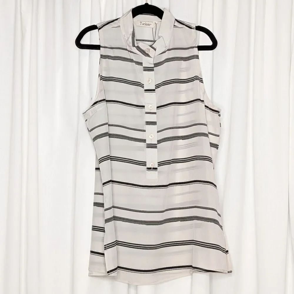 Tucker NYC Sleeveless Henley Top Black Basket Stripe in Silk Crepe de Chine